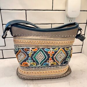 Montana West Gray and Blue Embroidered Hobo Concealed Carry Shoulder Bag Purse